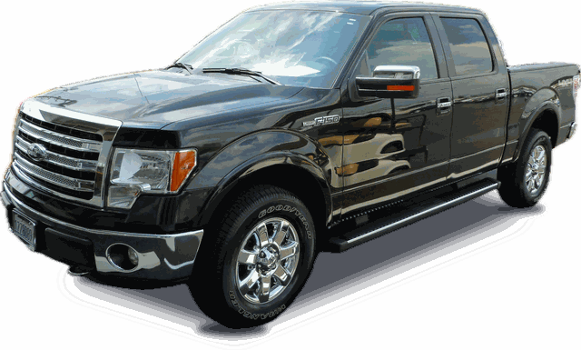A black Ford F-150 crew cab pickup truck with chrome wheels, shown from the front three-quarter angle