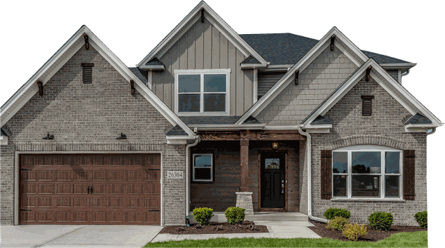 A two-story brick and gray-sided home with a cedar front porch, black front door, and a wood-tone two-car garage