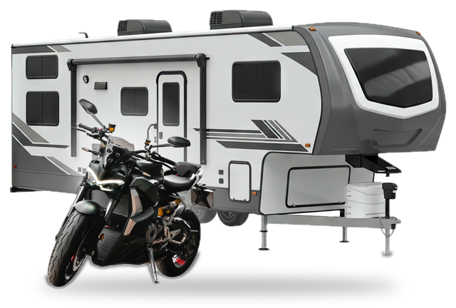 A black sport motorcycle parked in front of a large white and gray fifth-wheel camper