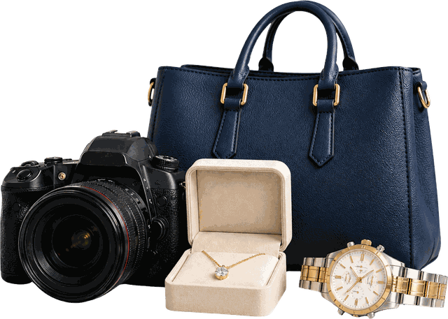 A camera, navy leather handbag, gold necklace in a jewelry box, and a two-tone wristwatch, the kind of belongings renters insurance protects